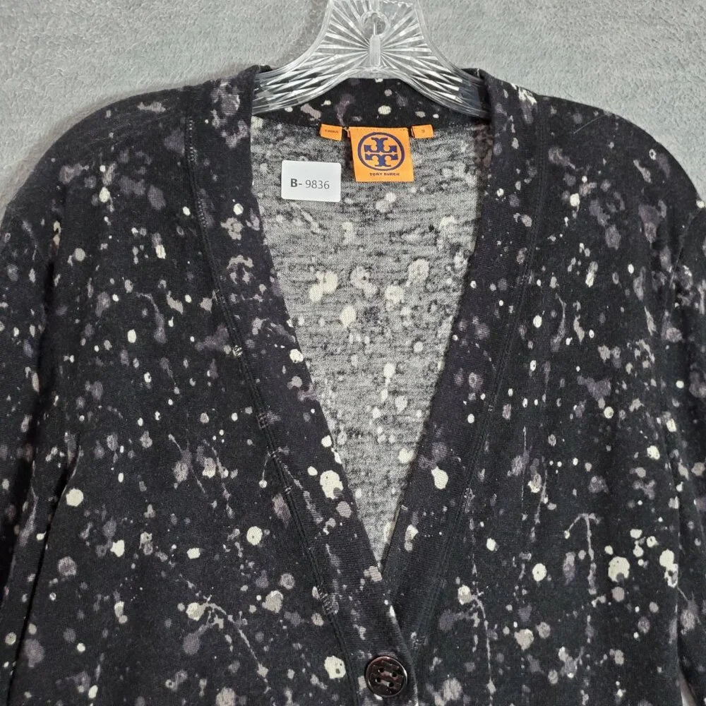 Tory Burch Women Sweater‎ Small Black Paint Splatter Cardigan 100% Merino Wool